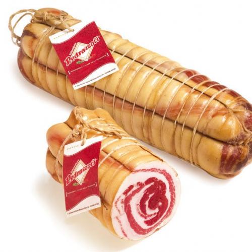 Homemade white rolled pancetta with rind without garlic whole